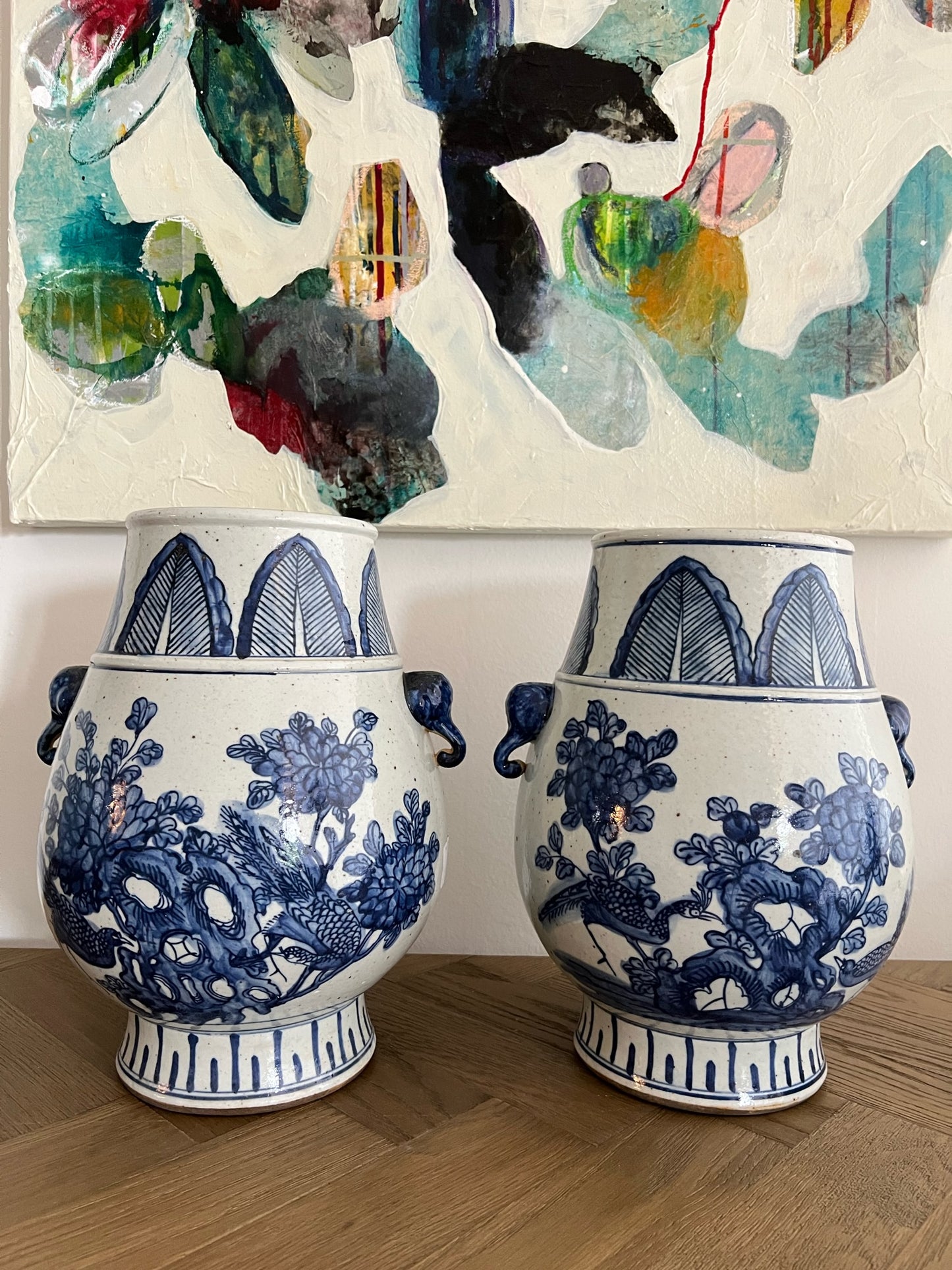 Blue and White Porcelain Pheasant Flower Jar With Elephant Nose Handle