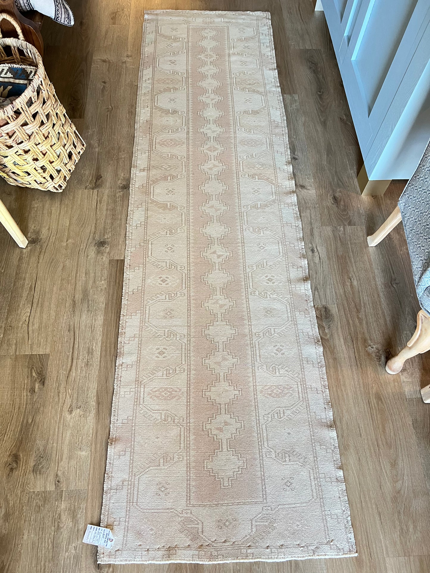 30" X 109" Teal, Blush, and Cream Vintage Rug Runner