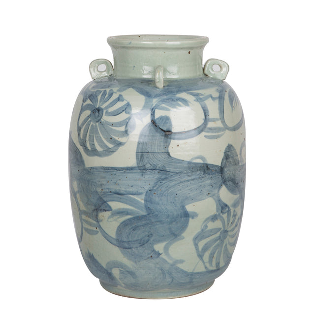 Blue and White Four Loop Handle Jar - Twisted Flower Motif