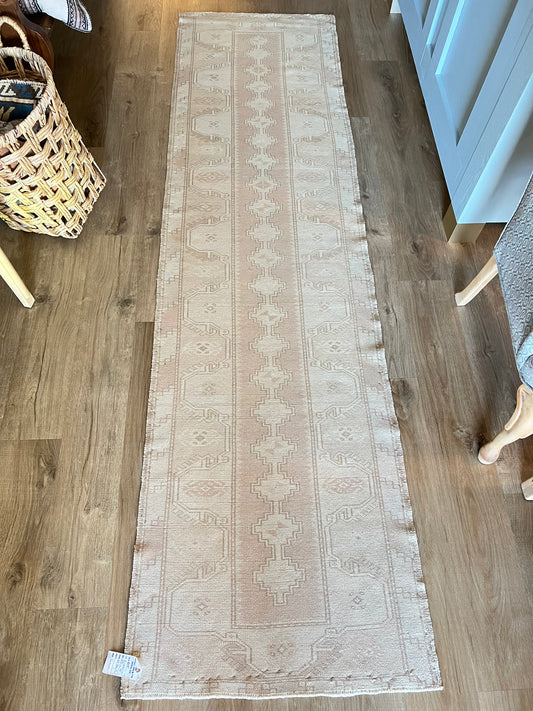 30" X 109" Teal, Blush, and Cream Vintage Rug Runner
