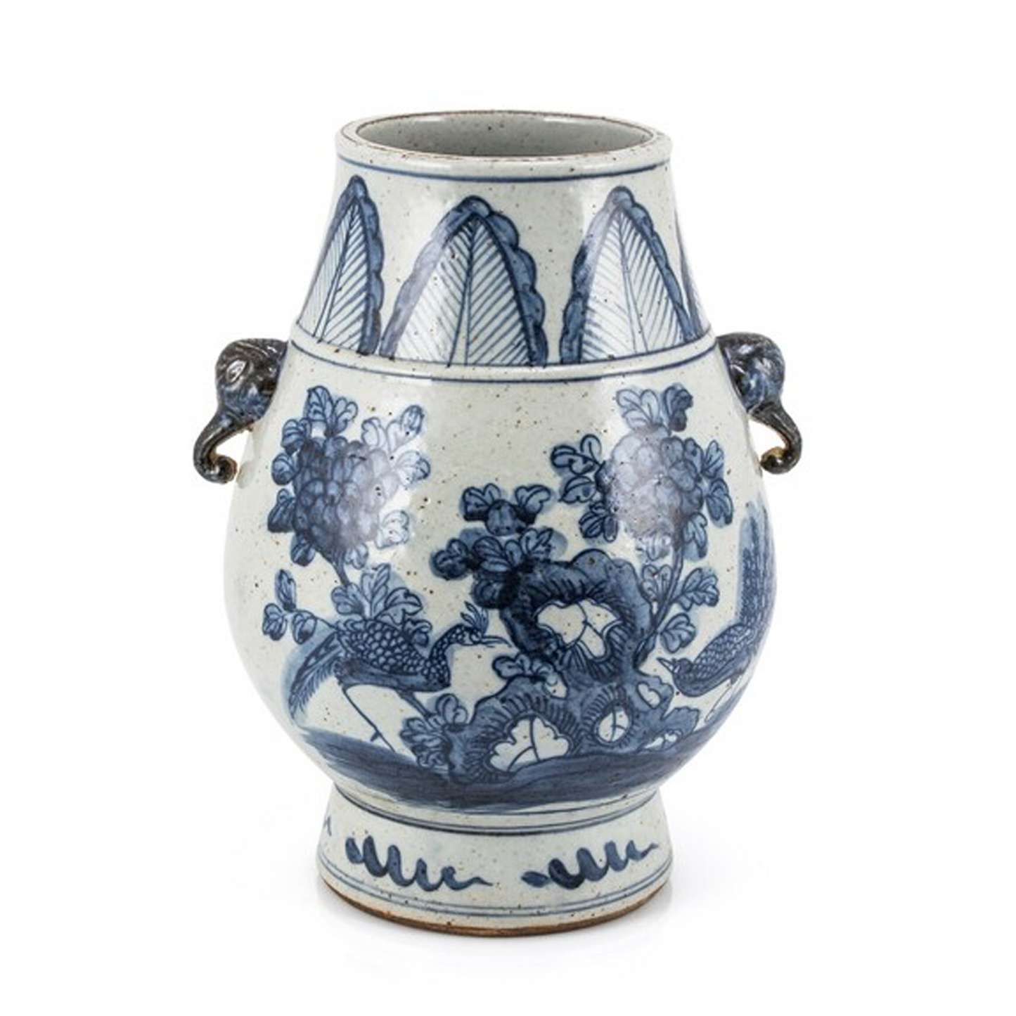 Blue and White Porcelain Pheasant Flower Jar With Elephant Nose Handle